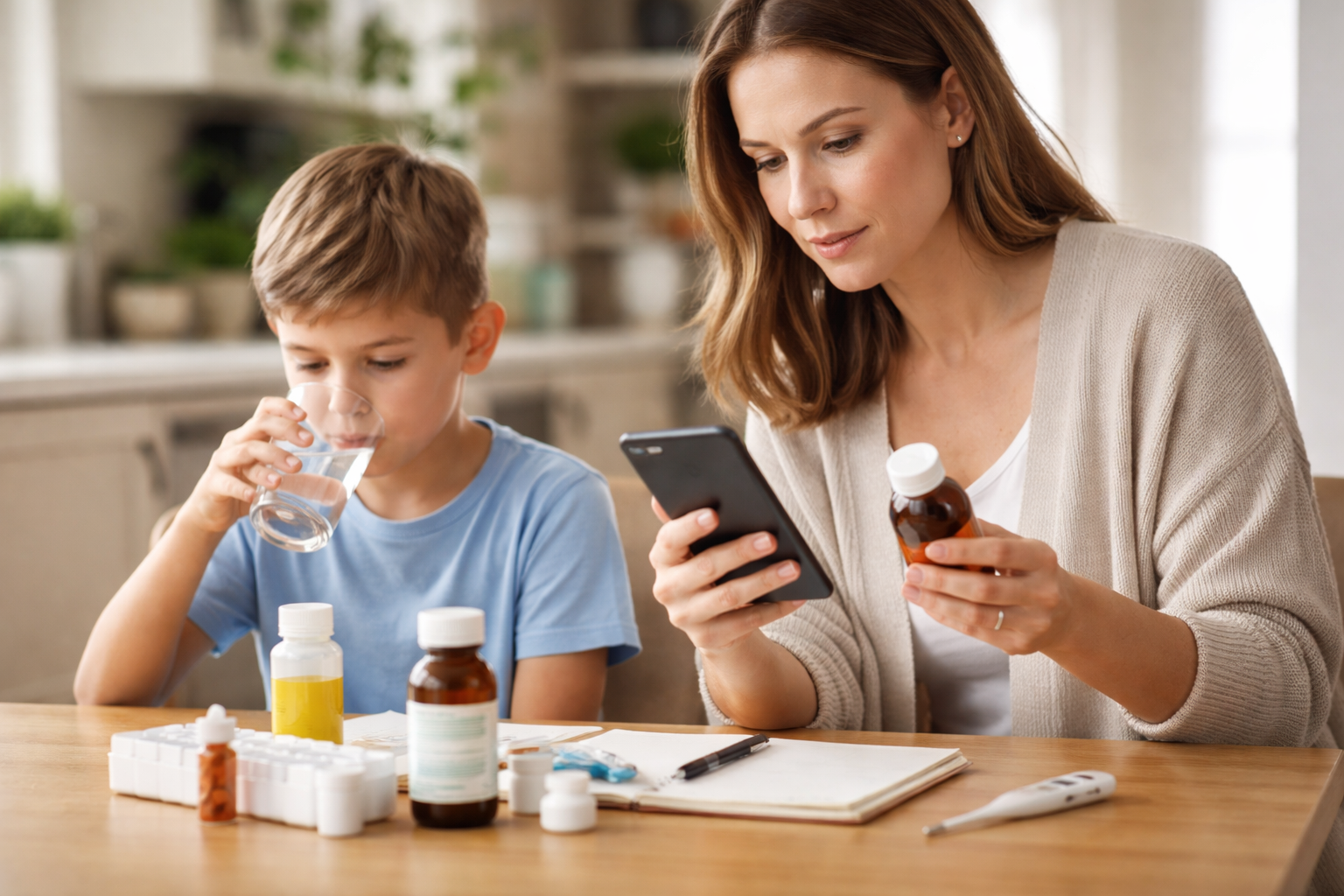 KidCare Tracker app showing a child medication overview and schedule